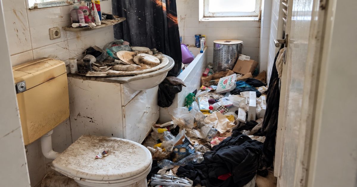 Vollgestelltes Badezimmer einer Messie-Wohnung in Nürnberg vor der Räumung